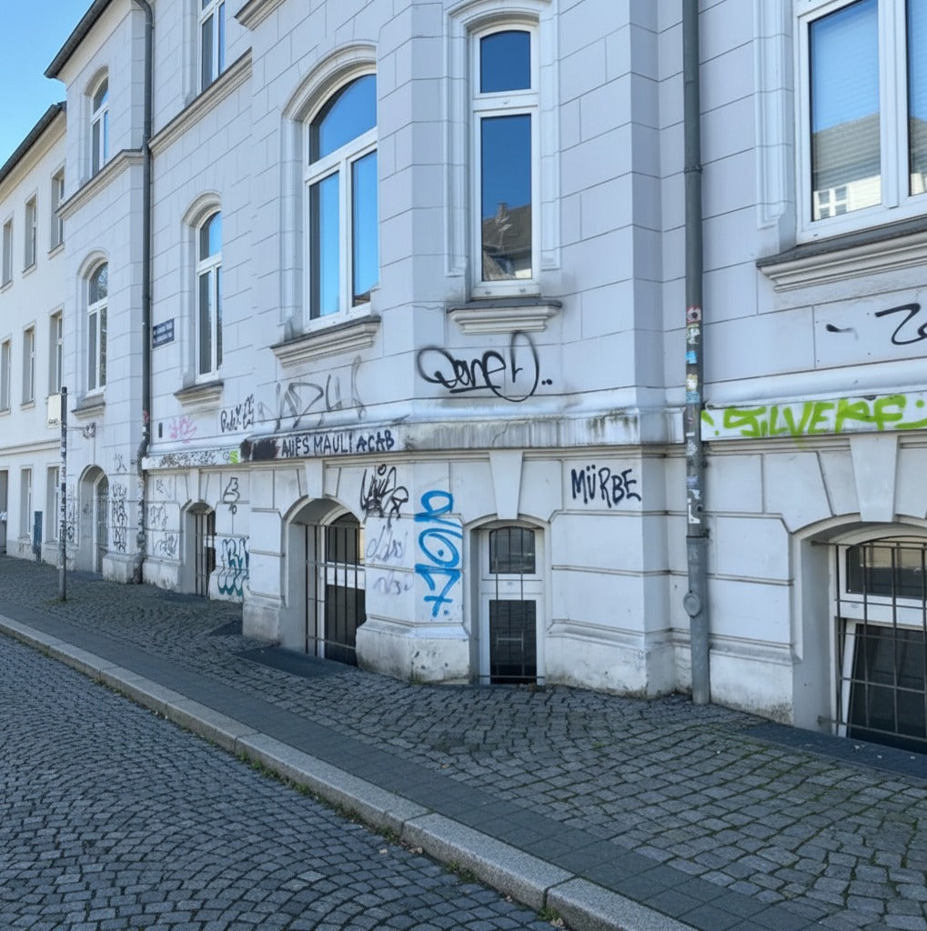 Graffiti auf Beton und Naturstein vor der Entfernung in München